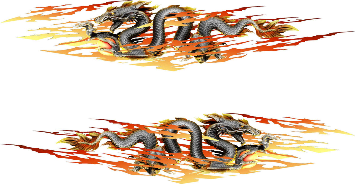 Eastern dragon flames vinyl decal holding a white orb, mirrored pair graphics on white background, orange and yellow flame trails