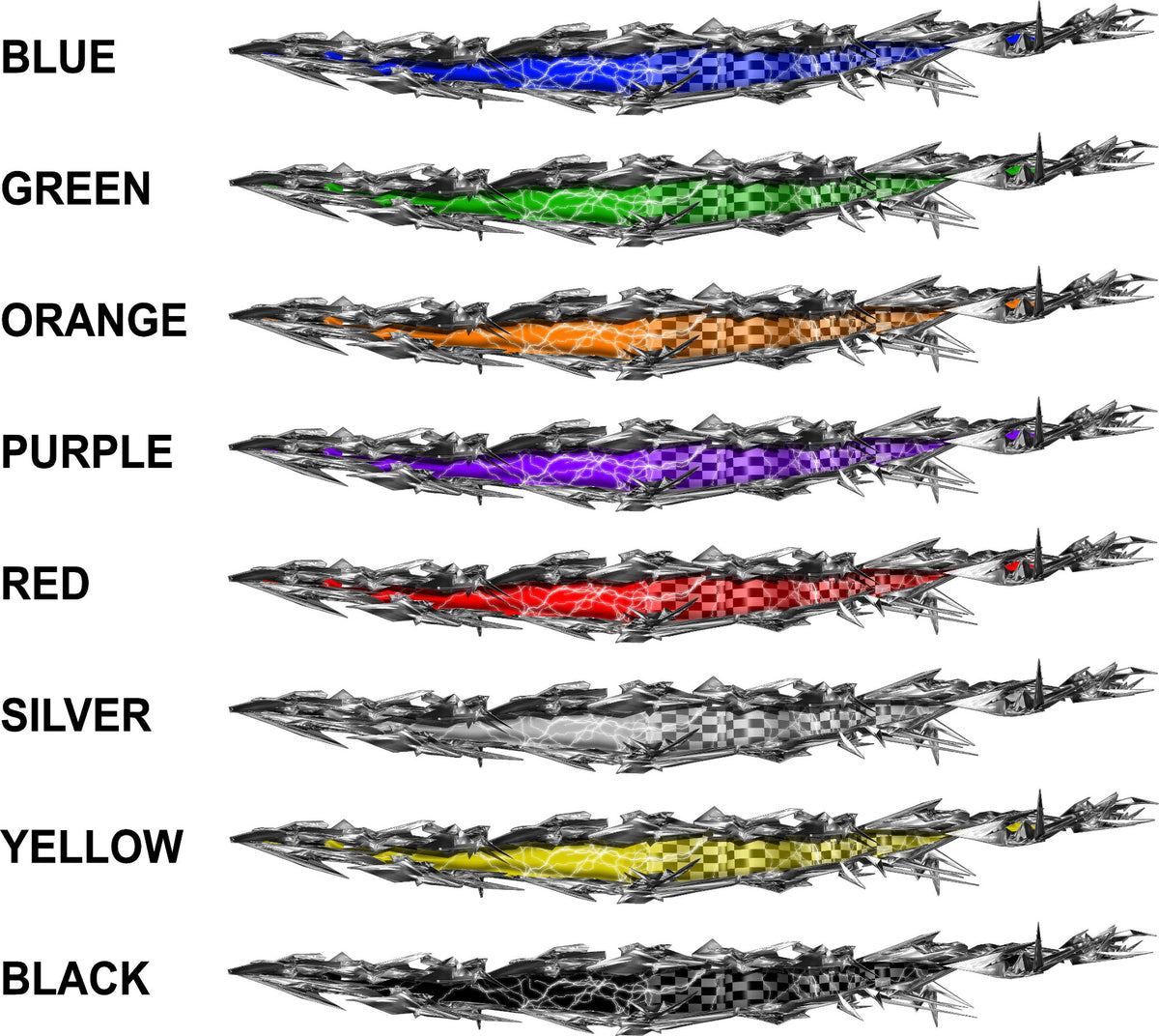 Eight color options of checkered flag lightning ripper decals lined up for comparison