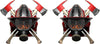 Firefighter helmet and smoke mask decal with crossed axes and fire reflection detail, mirrored pair on white background