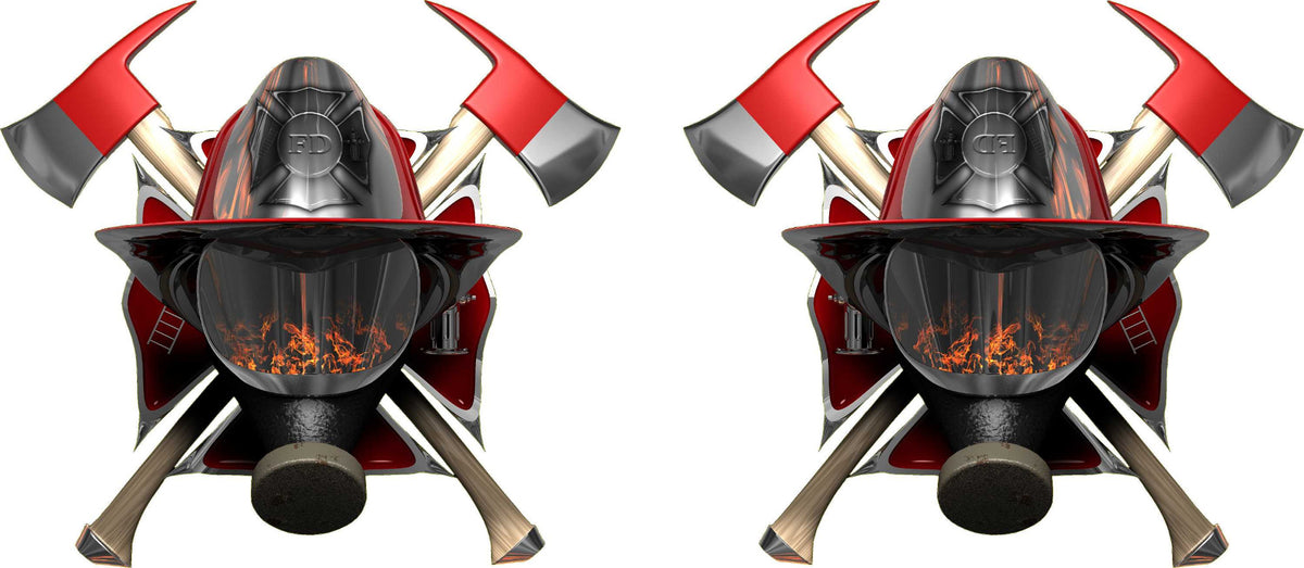Firefighter helmet and smoke mask decal with crossed axes and fire reflection detail, mirrored pair on white background