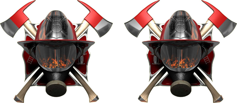 Firefighter helmet and smoke mask decal with crossed axes and fire reflection detail, mirrored pair on white background