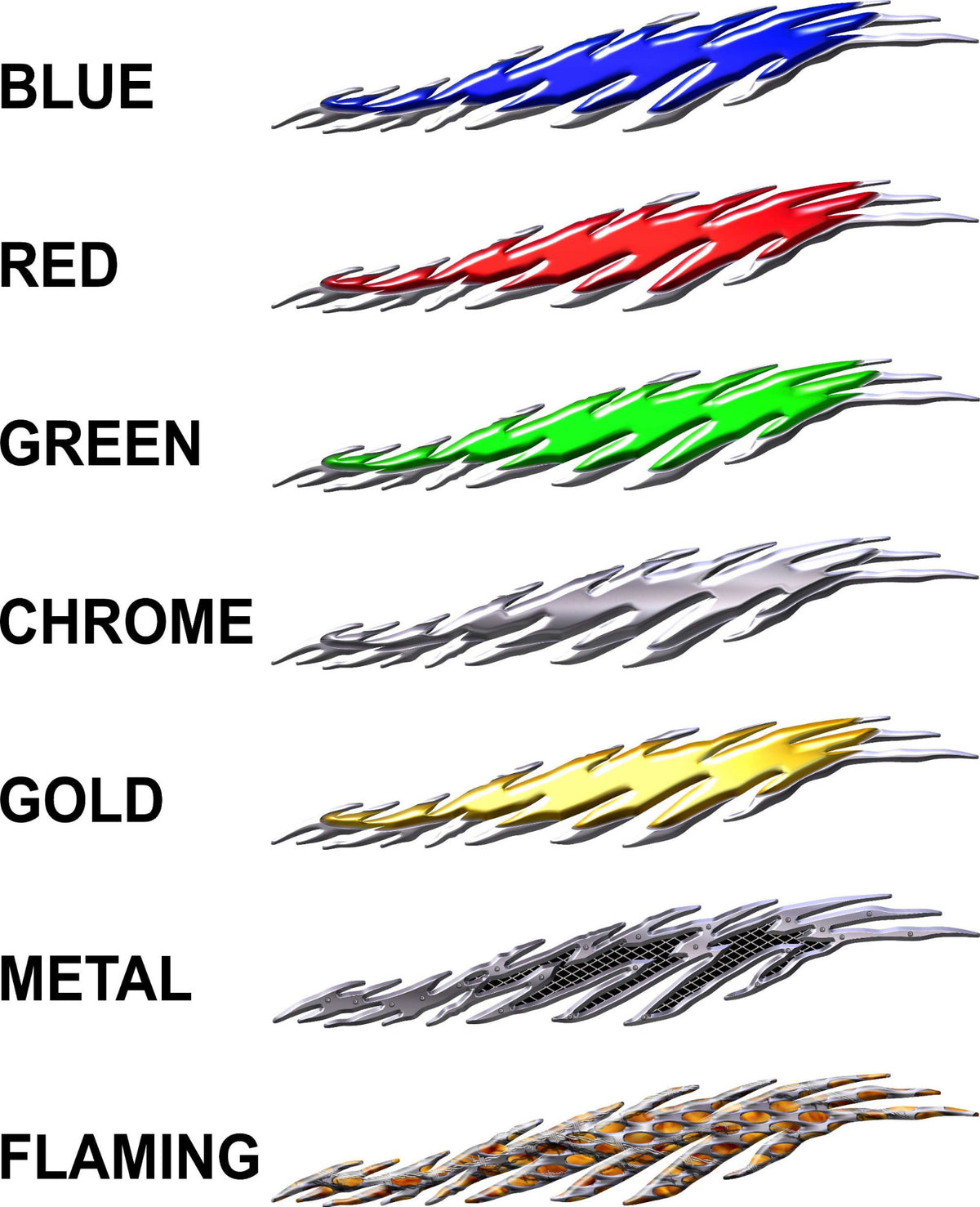 Flamesurge full color decal styles blue red green chrome gold metal and flaming