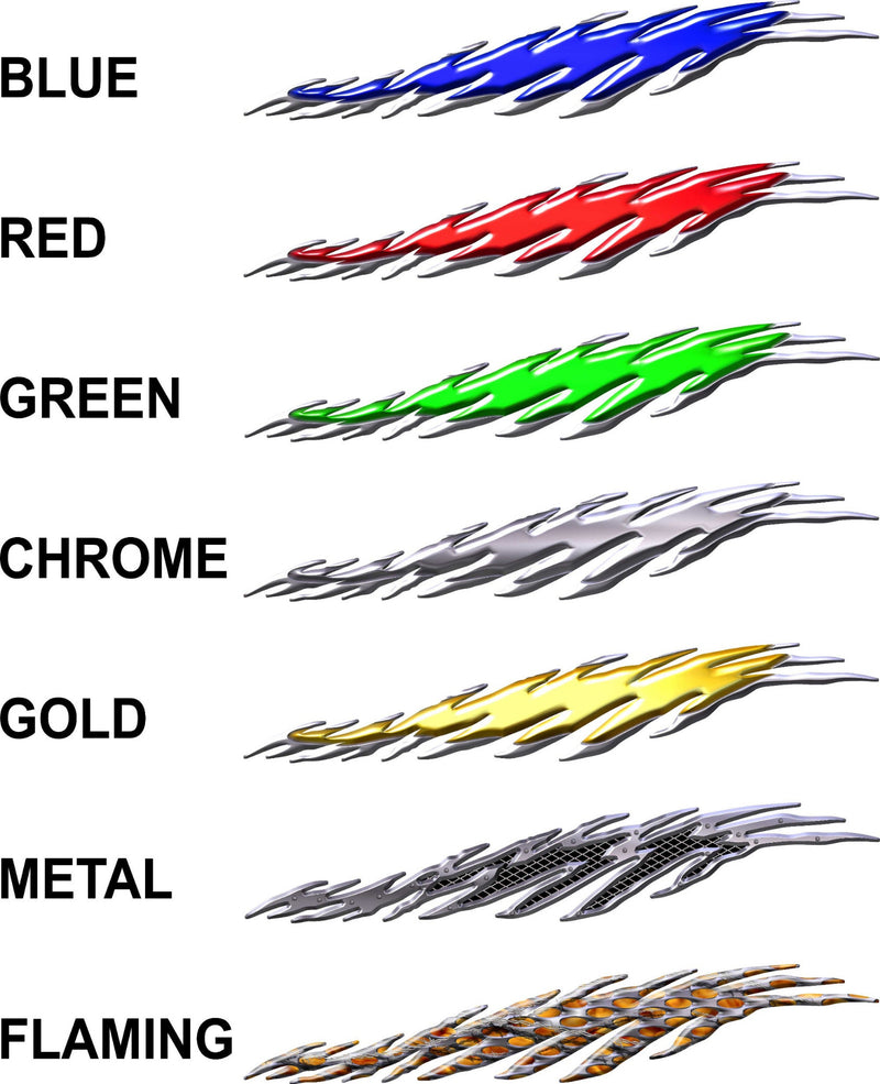 Flamesurge full color decal styles blue red green chrome gold metal and flaming