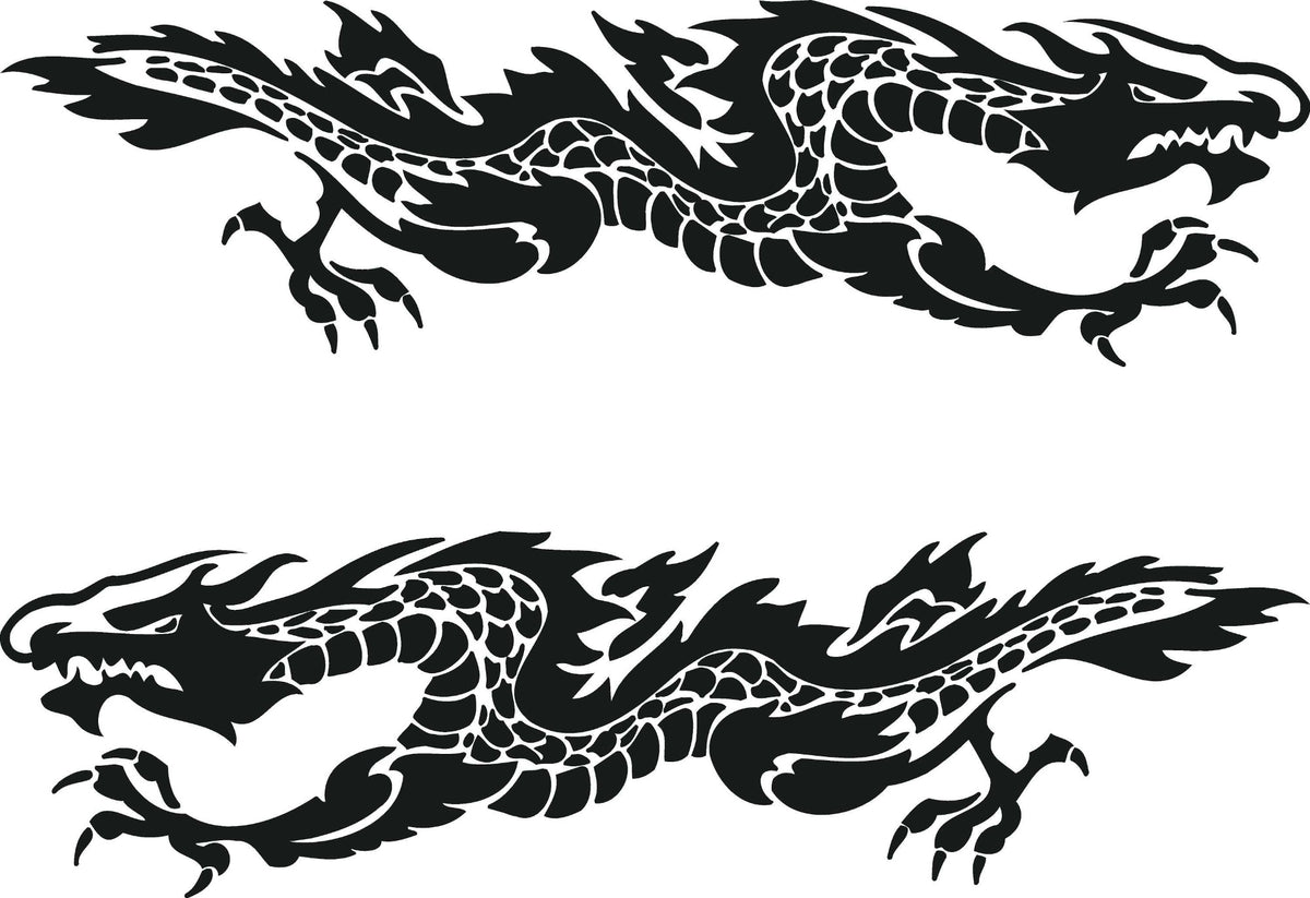 Flaming Dragon vinyl cut decals—mirrored pair for driver and passenger sides, black silhouette on white.
