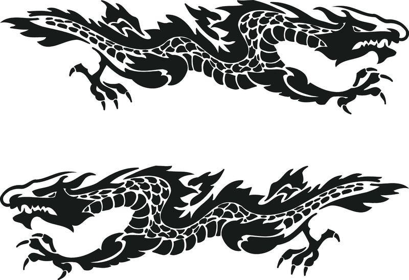Flaming Dragon vinyl cut decals—mirrored pair for driver and passenger sides, black silhouette on white.