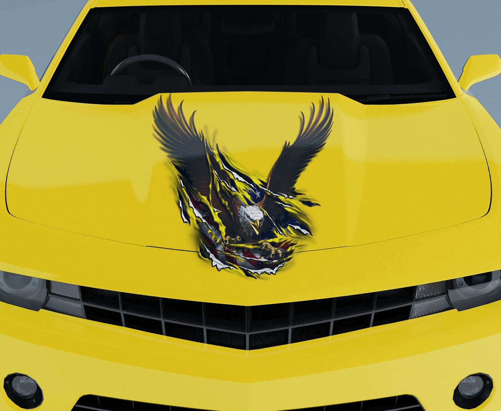 Front view of sports car featuring patriotic bald eagle tear vinyl hood decal