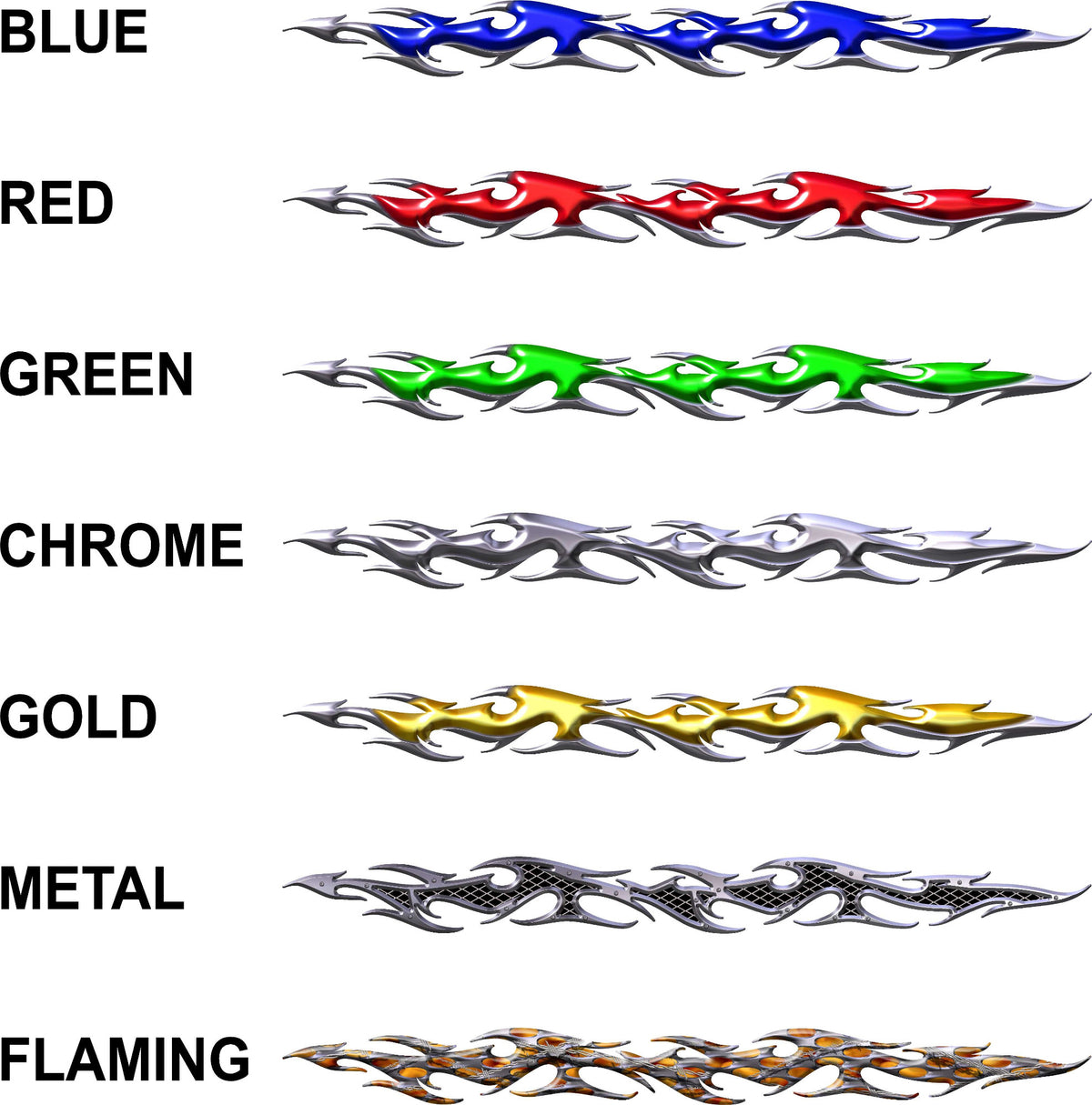 Full color tribal flames vehicle graphics in blue red green chrome gold metal and flaming