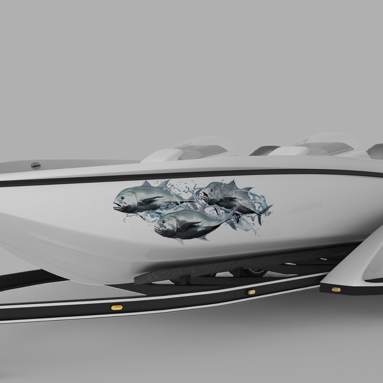 Giant Travelly Splash vinyl graphics on the side of blue boat