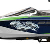 Giant Travelly Splash vinyl graphics on the side of blue boat