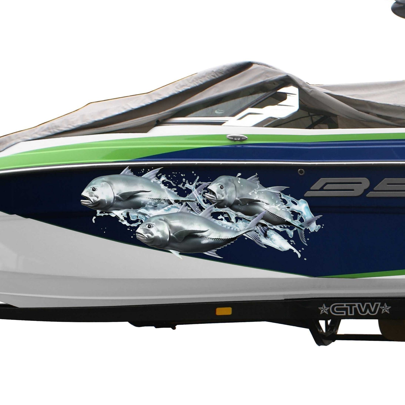 Giant Travelly Splash vinyl graphics on the side of blue boat