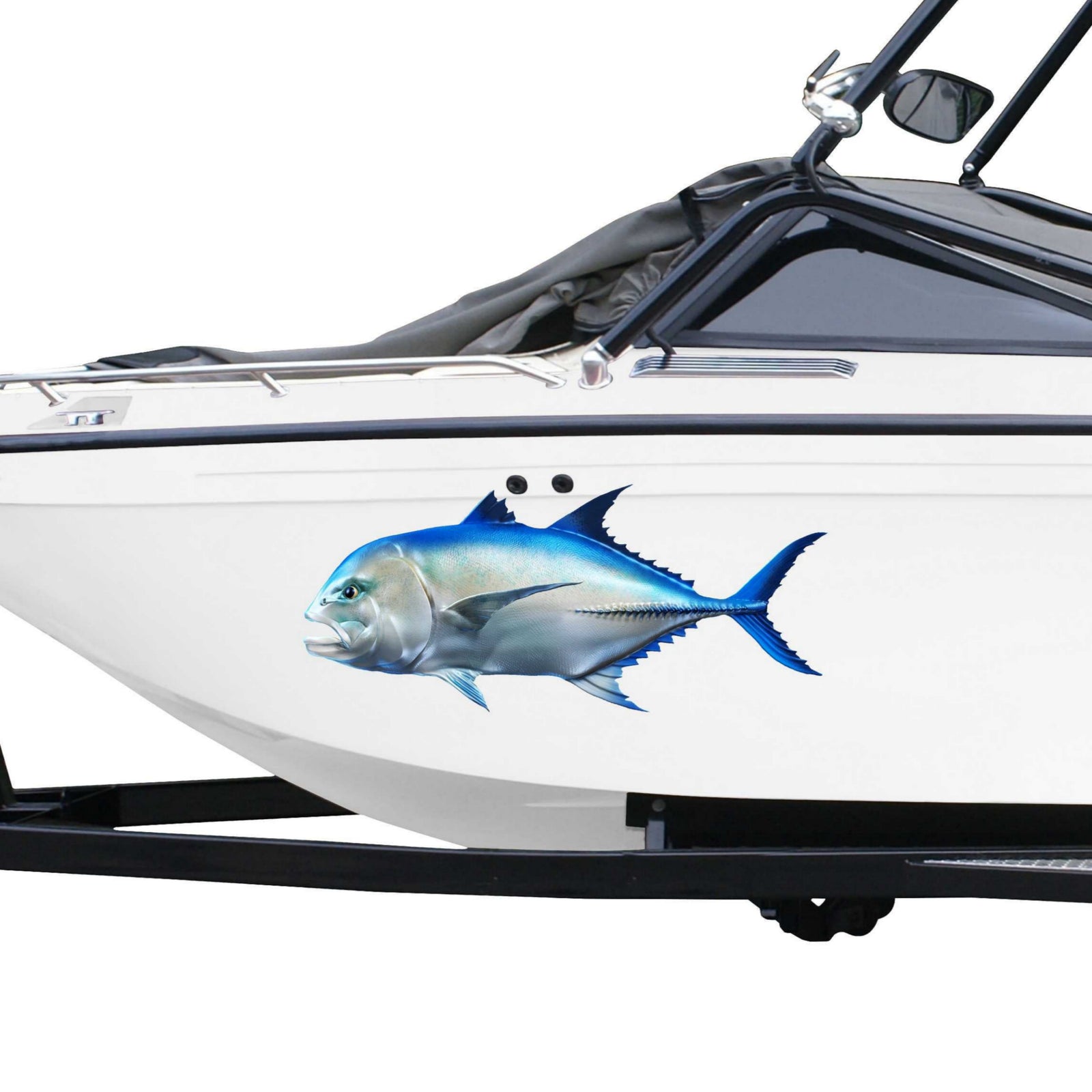 Giant travelly large  fish decal on the side of boat