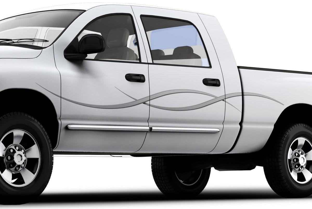 Grey Swoop Stripe Vinyl Decal on White Pickup Truck – Side View