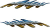 A pair of stylized flame-shaped decals or stickers with a metallic gradient transitioning from blue-gray at the top to gold at the bottom, shown on a plain white background.