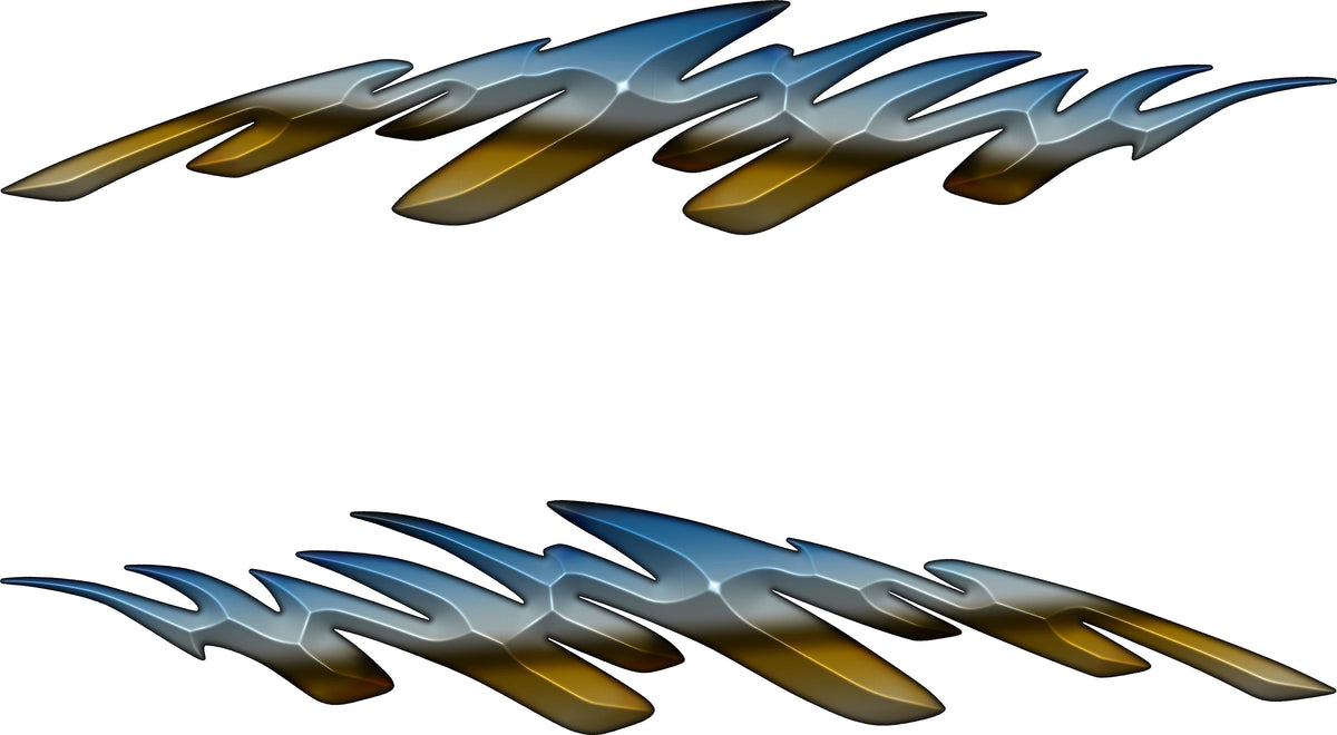 A pair of stylized flame-shaped decals or stickers with a metallic gradient transitioning from blue-gray at the top to gold at the bottom, shown on a plain white background.