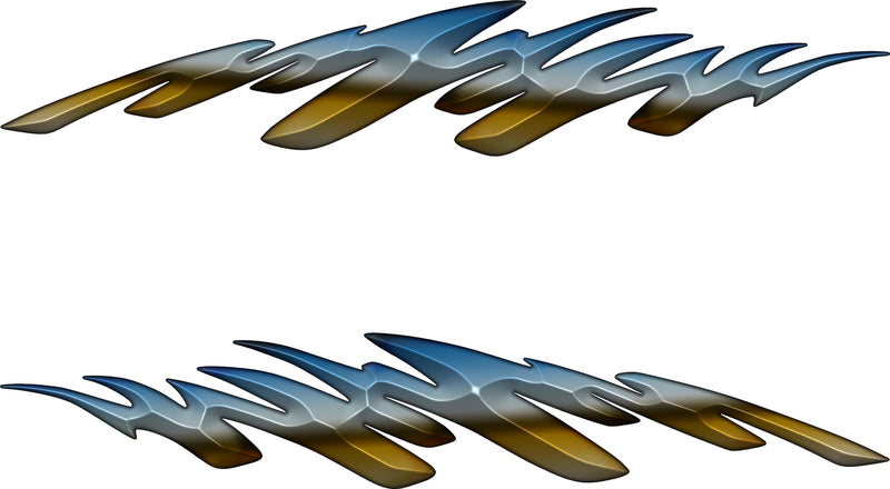 A pair of stylized flame-shaped decals or stickers with a metallic gradient transitioning from blue-gray at the top to gold at the bottom, shown on a plain white background.