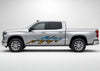 Horizon Edge blue, silver-grey and gold vinyl graphic displayed across the driver-side doors of a silver four-door pickup truck.