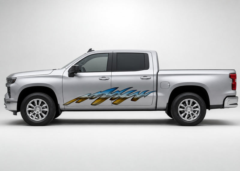 Horizon Edge blue, silver-grey and gold vinyl graphic displayed across the driver-side doors of a silver four-door pickup truck.