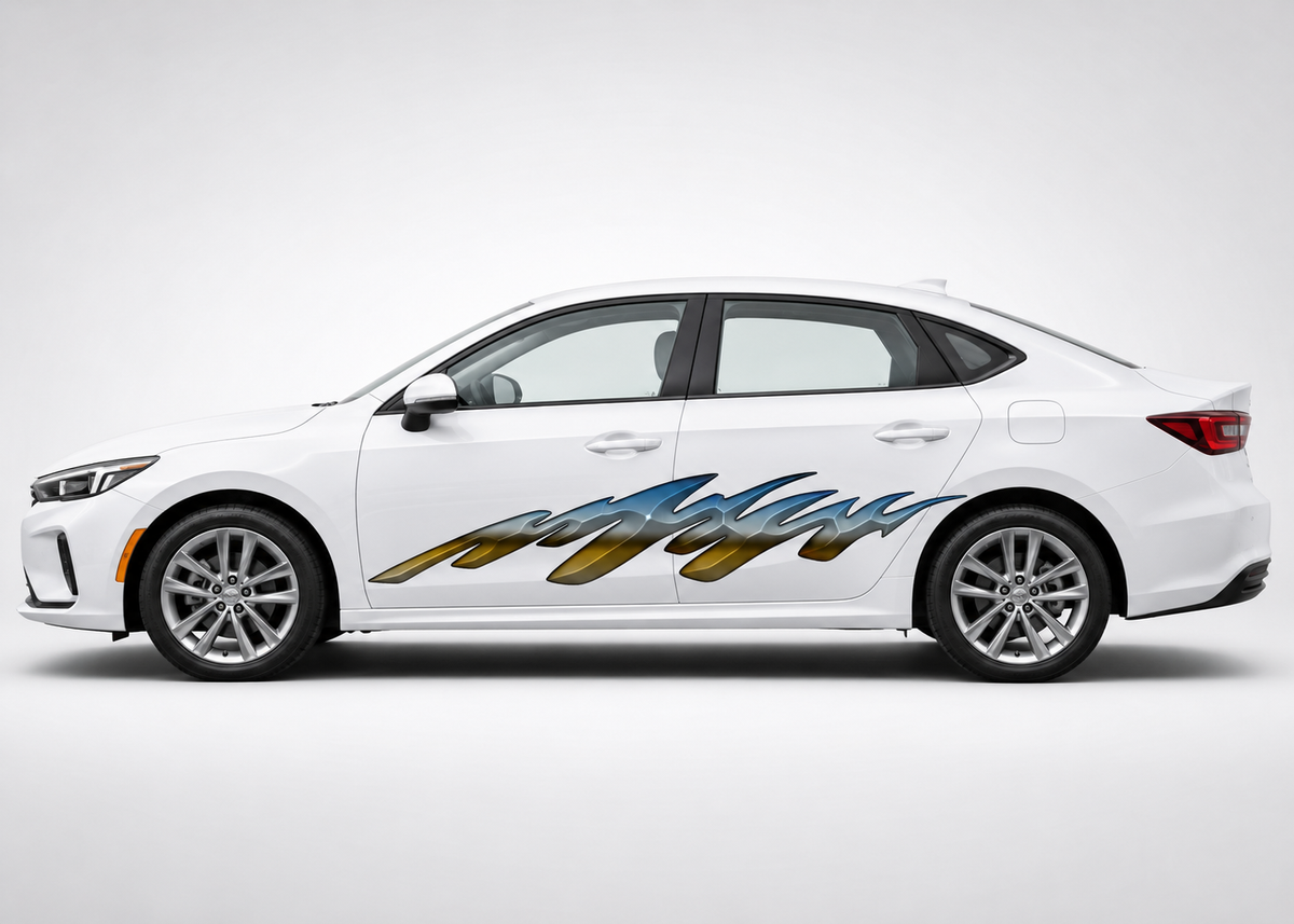 A white sedan shown in side profile on a light gray studio background, featuring a large stylized metallic graphic decal across the lower side panel in blue, gold, and silver tones.