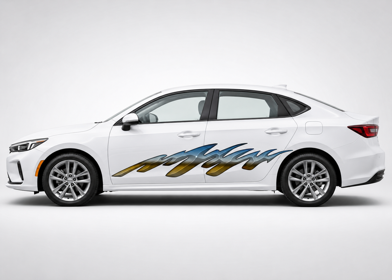 A white sedan shown in side profile on a light gray studio background, featuring a large stylized metallic graphic decal across the lower side panel in blue, gold, and silver tones.