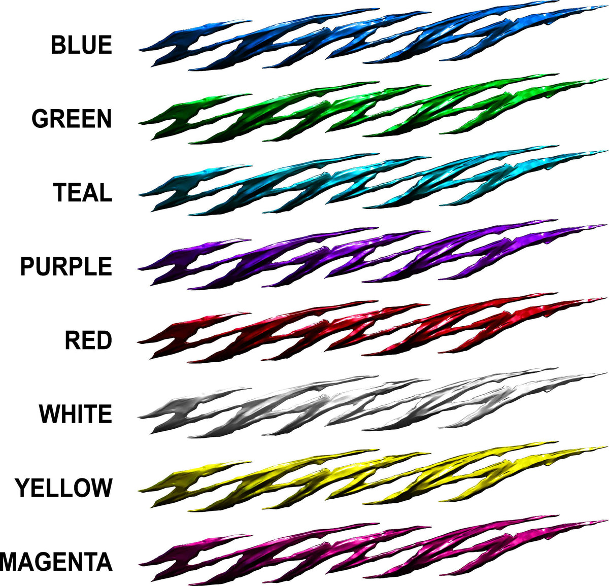Color swatches of jagged decals in various 8 colors on a white background