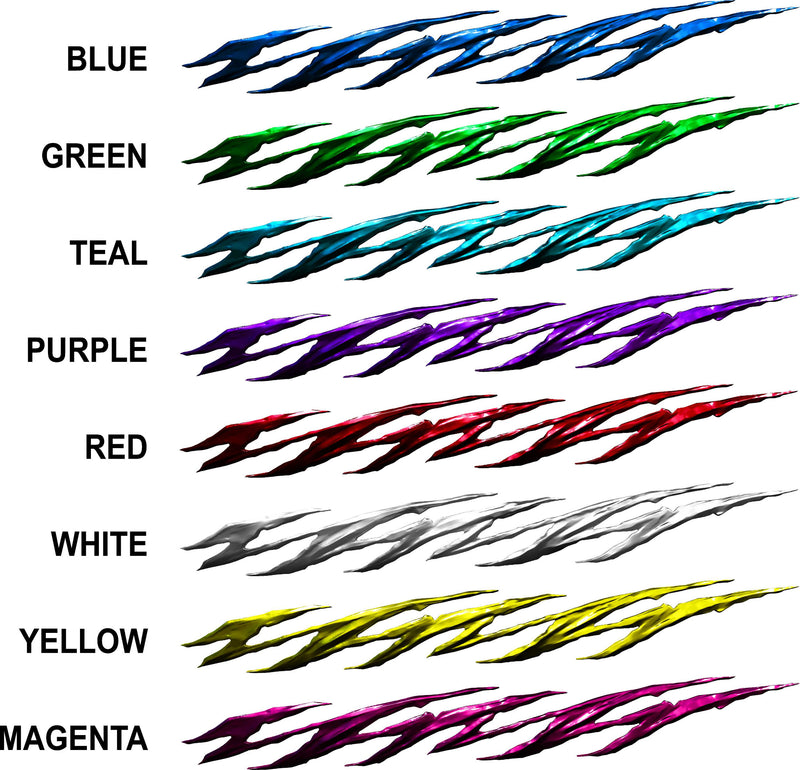 Color swatches of jagged decals in various 8 colors on a white background