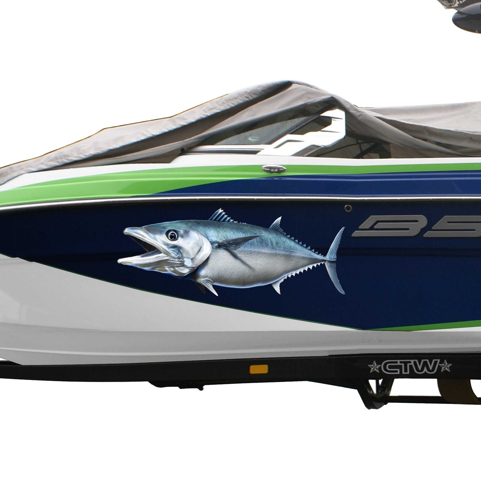 King mackerel fish decal on the side of blue boat