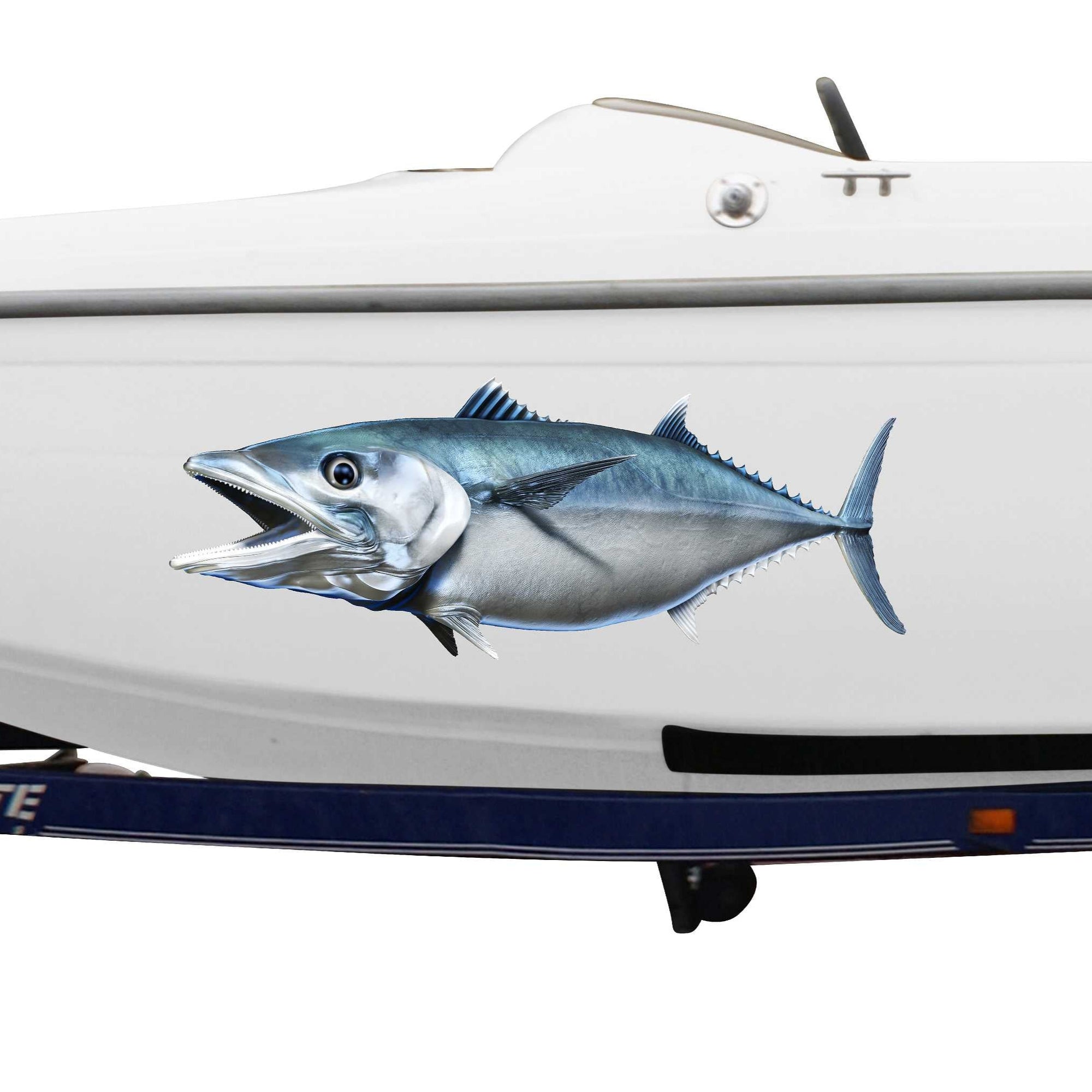 King mackerel fish decal on the side of blue boat