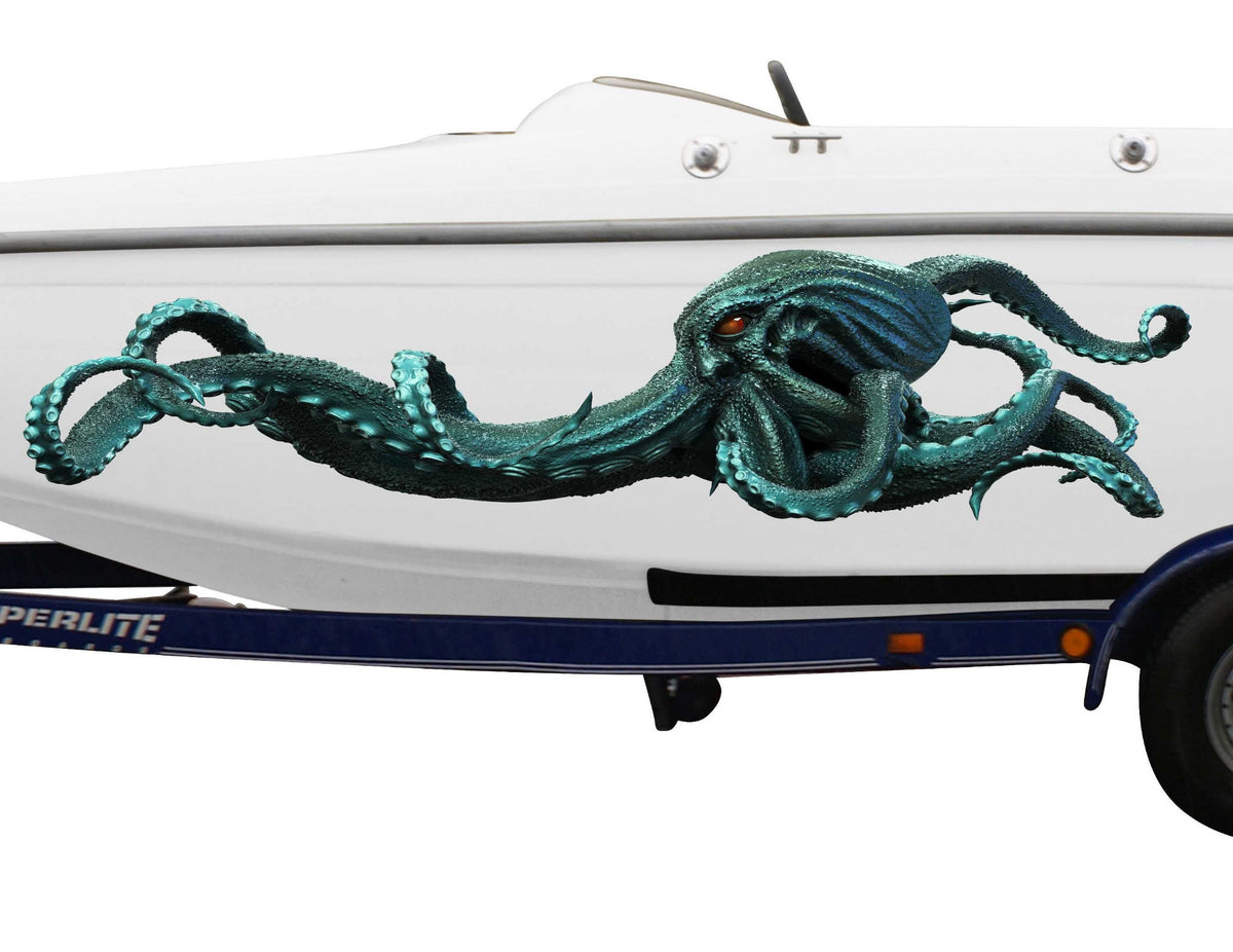 Kraken Sea Monster Large decal on the side of white boat