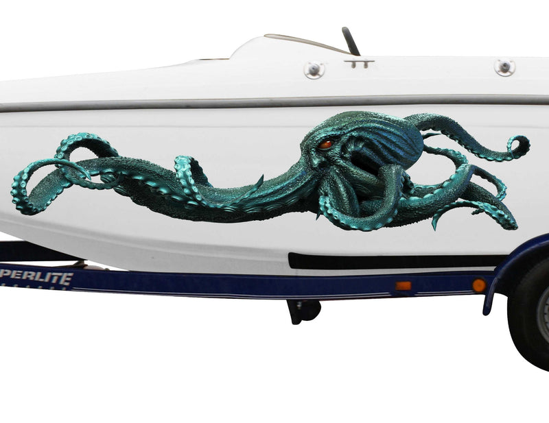 Kraken Sea Monster Large decal on the side of white boat