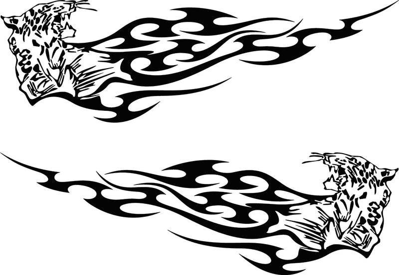 Leopard head with trailing flames—mirrored cut-vinyl side decals for cars and trucks.
