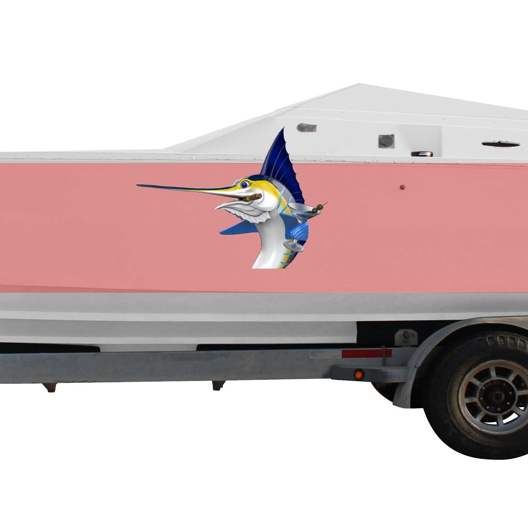 white boat with marlin Martini fish decal on its side