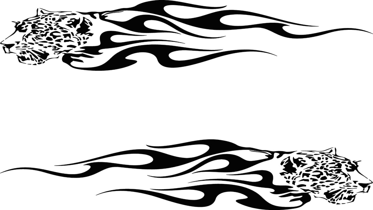 Mirrored jaguar head with trailing hot-rod flames—black cut-vinyl side decals.