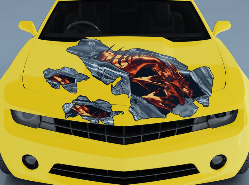 Orange dragon tear hood decal installed on yellow car hood with chrome ripped metal effect