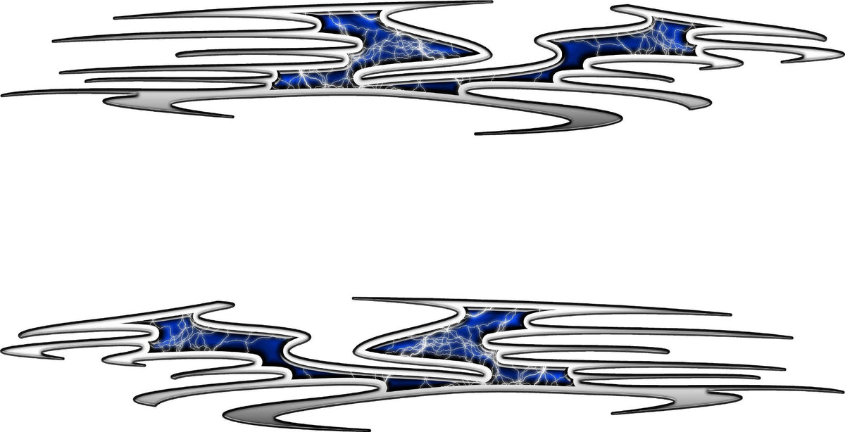 Pair of Beast Lightning side decals with wide silver outline and blue lightning fill, mirrored for both sides of a car or truck on white background