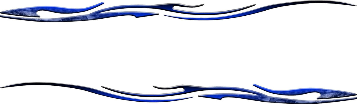 Pair of blue viper swirl stripe decals with marbled color fill, mirrored for both sides of a car or truck on white background