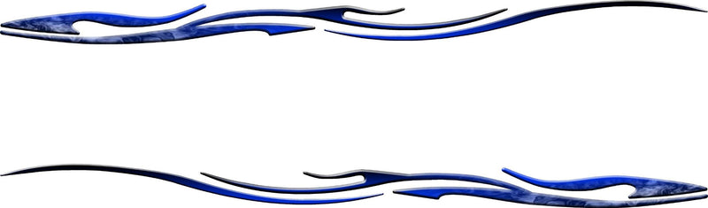 Pair of blue viper swirl stripe decals with marbled color fill, mirrored for both sides of a car or truck on white background