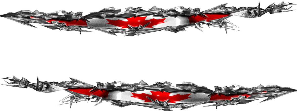 Pair of chrome ripped metal Canadian flag side stripe decals for vehicles