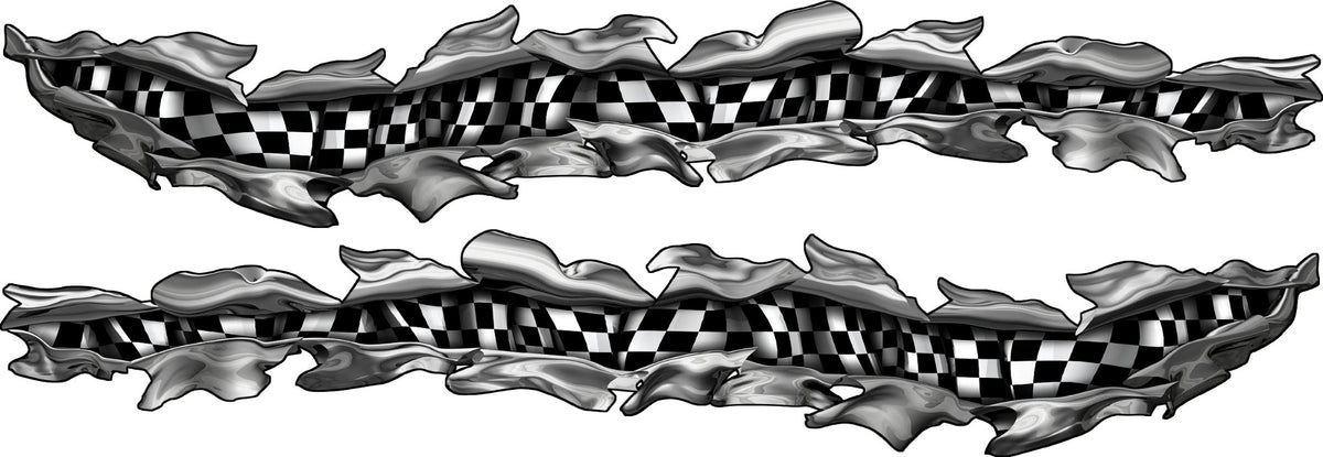 Pair of curved chrome ripped-metal checkered flag vinyl decals for car or truck sides, mirrored driver and passenger graphics on a white background.