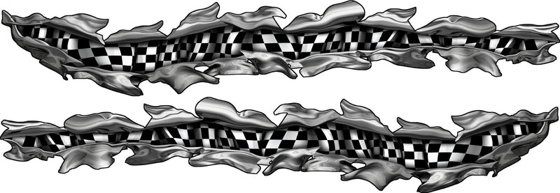 Pair of curved chrome ripped-metal checkered flag vinyl decals for car or truck sides, mirrored driver and passenger graphics on a white background.