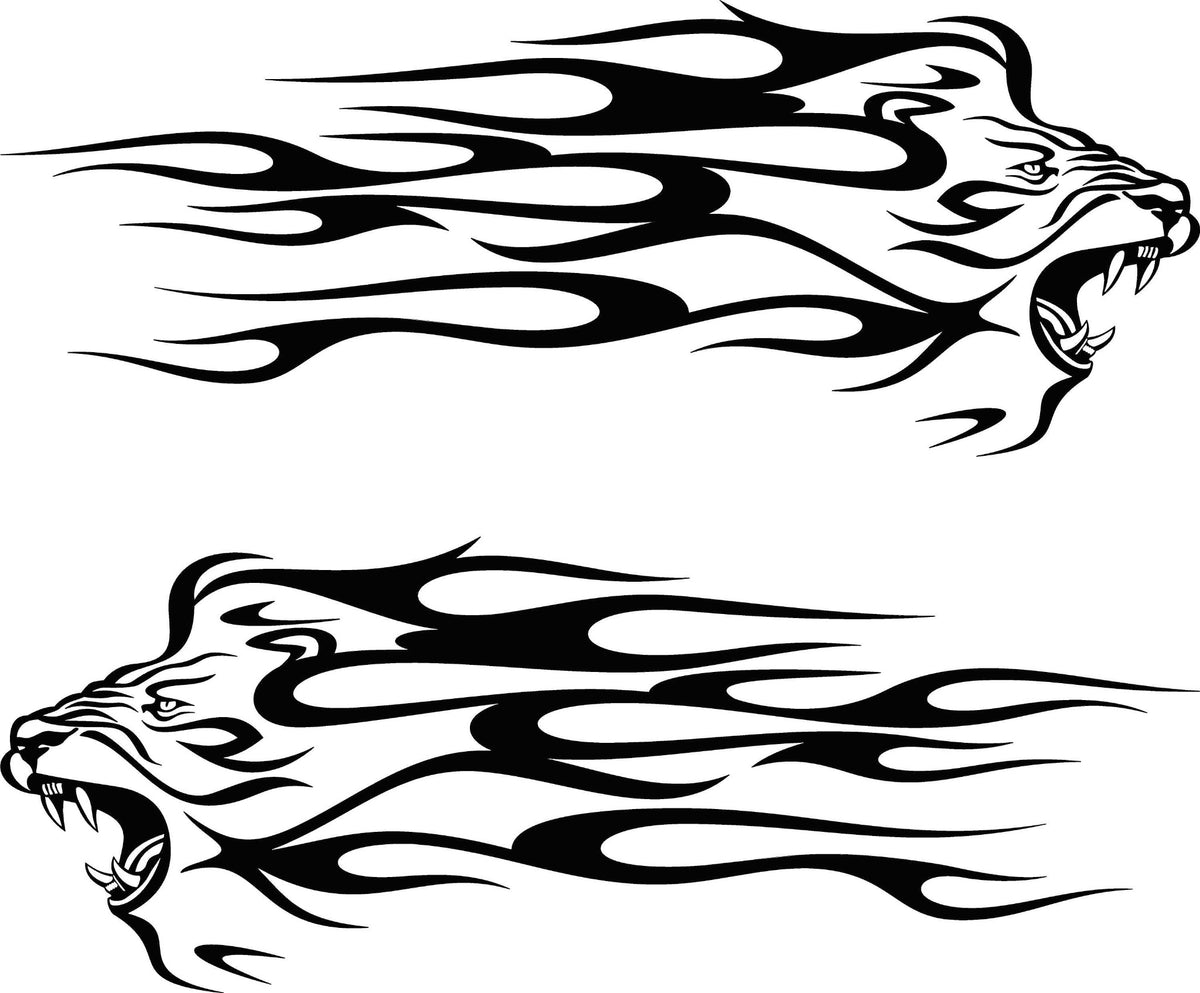 Pair of mirrored Lion Head Flames vinyl cut decals for both sides of a vehicle