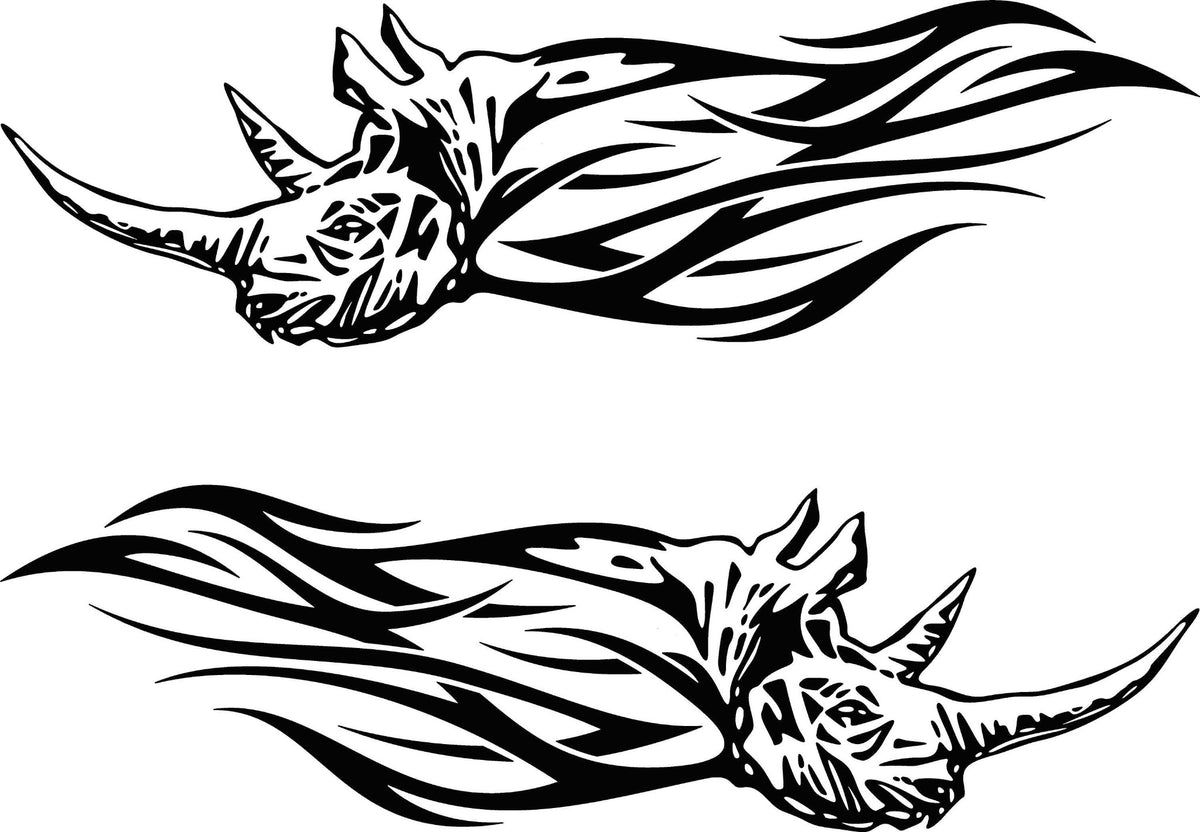 Pair of mirrored Rhino Flames vinyl cut decals for both sides of a vehicle