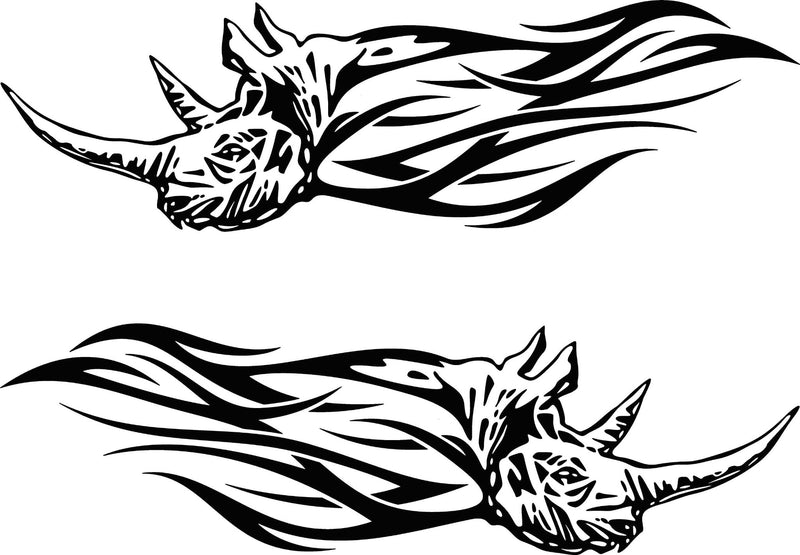 Pair of mirrored Rhino Flames vinyl cut decals for both sides of a vehicle