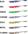 Patriot Strike vinyl decal style chart showing Blue Red Green Chrome Gold Metal and Flaming options