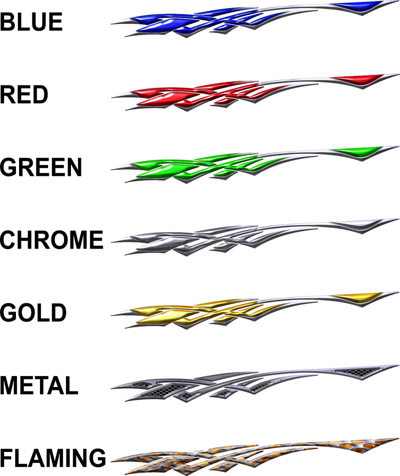 Patriot Strike vinyl decal style chart showing Blue Red Green Chrome Gold Metal and Flaming options