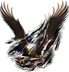 Patriotic bald eagle tearing through metal with American flag showing behind, printed hood decal design