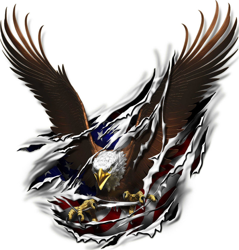 Patriotic bald eagle tearing through metal with American flag showing behind, printed hood decal design