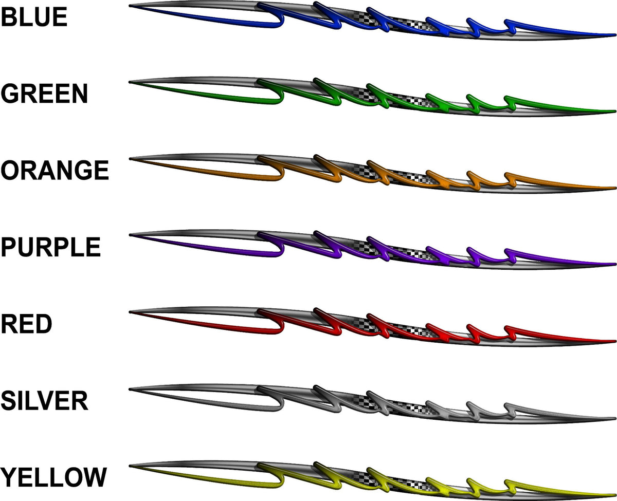 Pulse checkered flag stripe decals shown in blue, green, orange, purple, red, silver and yellow with color names listed beside each pair on white background.