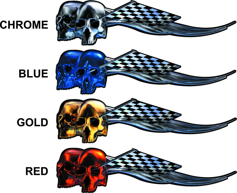 RACING SKULLS CHECKERED DECALS FOR MOTORBIKES AVAILABLE COLORS chrome, blue, gold and red