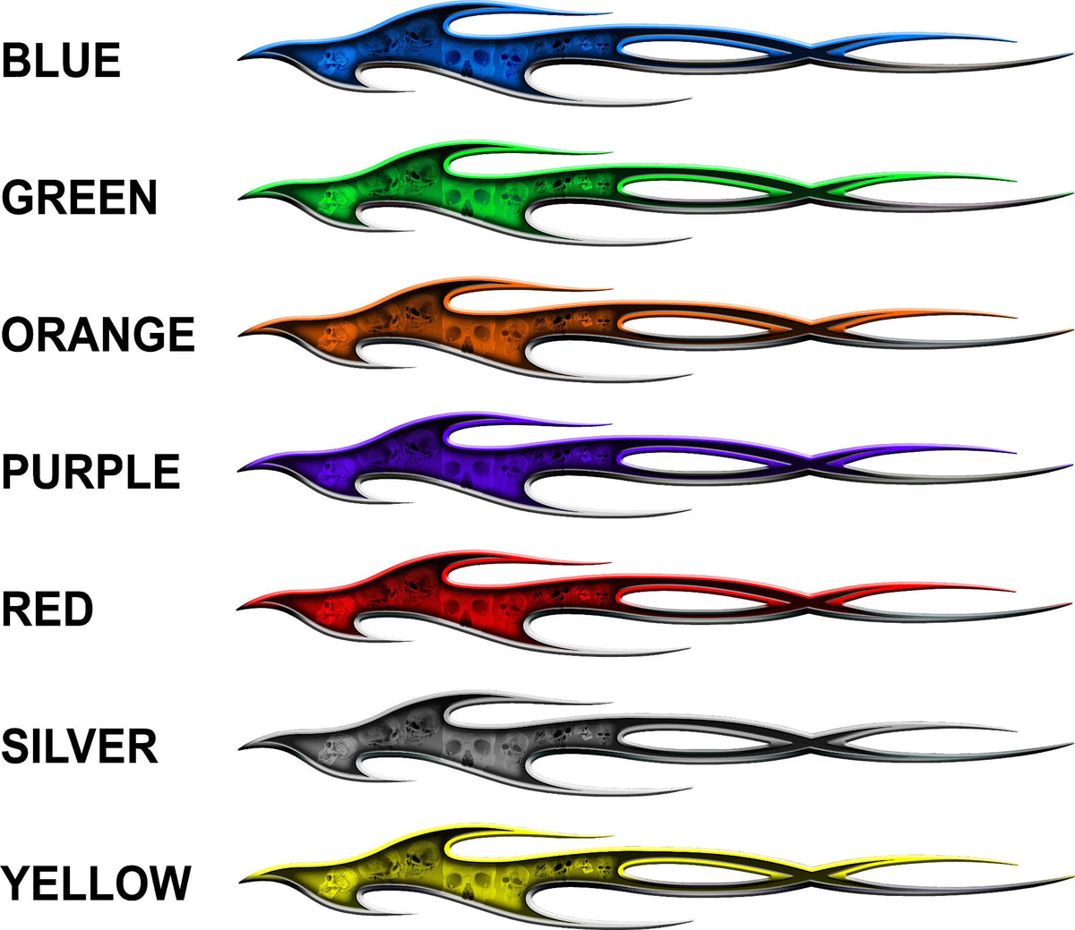 Seven Inflame Skulls flame decal colour options in blue, green, orange, purple, red, silver and yellow