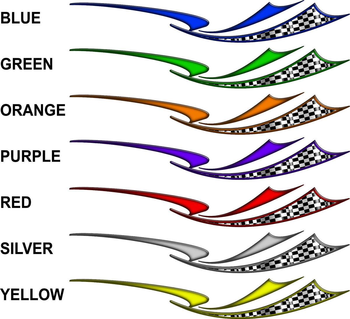 Seven color options of checkered flag wave stripe truck decals on white background